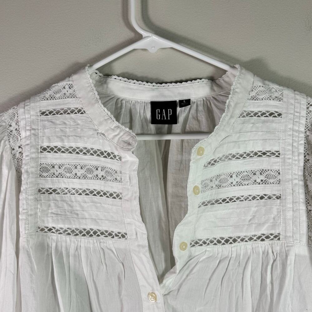 Gap Lace-Trim Cotton Pintuck Cottagecore Coquette Blouse Top L - Picture 3 of 7
